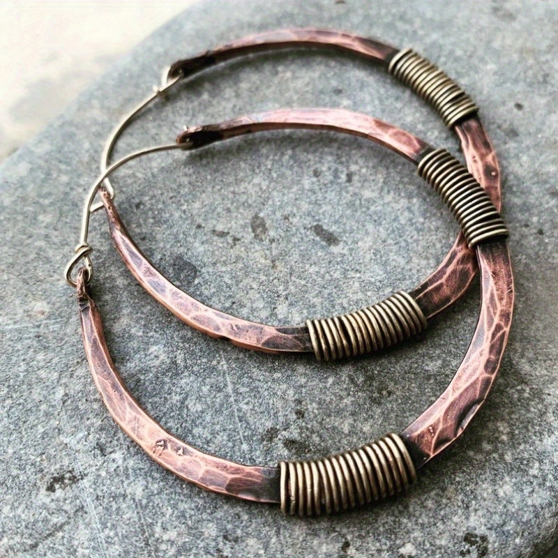 Vintage Copper Large Hoop Earrings, Hammered Design